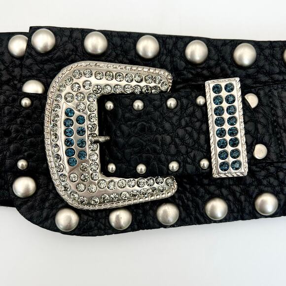Vintage Leatherock Wide Hip Belt L Black Leather Rhinestone Studded Y2K Rockstar main image 6